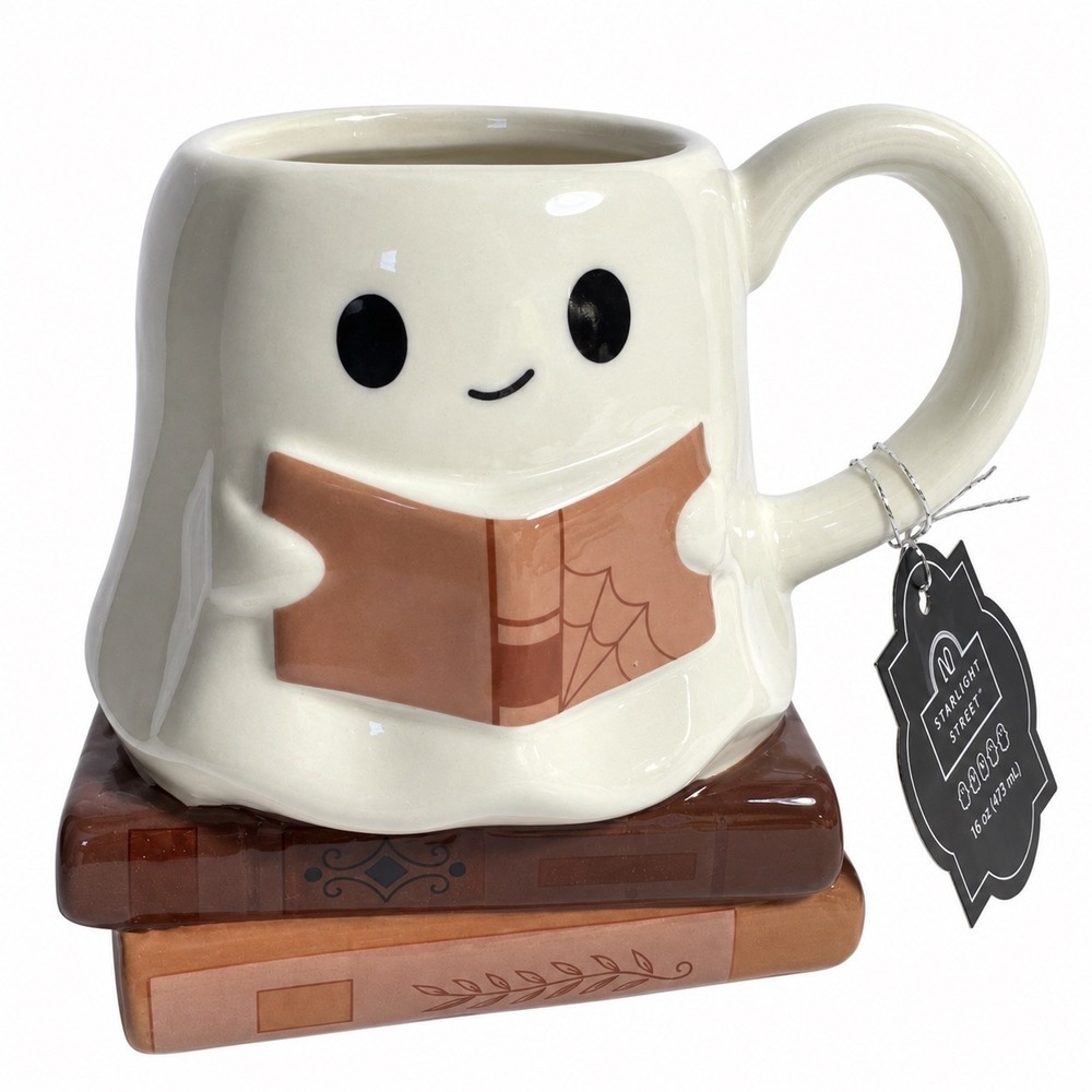 10 Strawberry Street Ghost Reading a Book on Stack of Books Mug Halloween NEW!